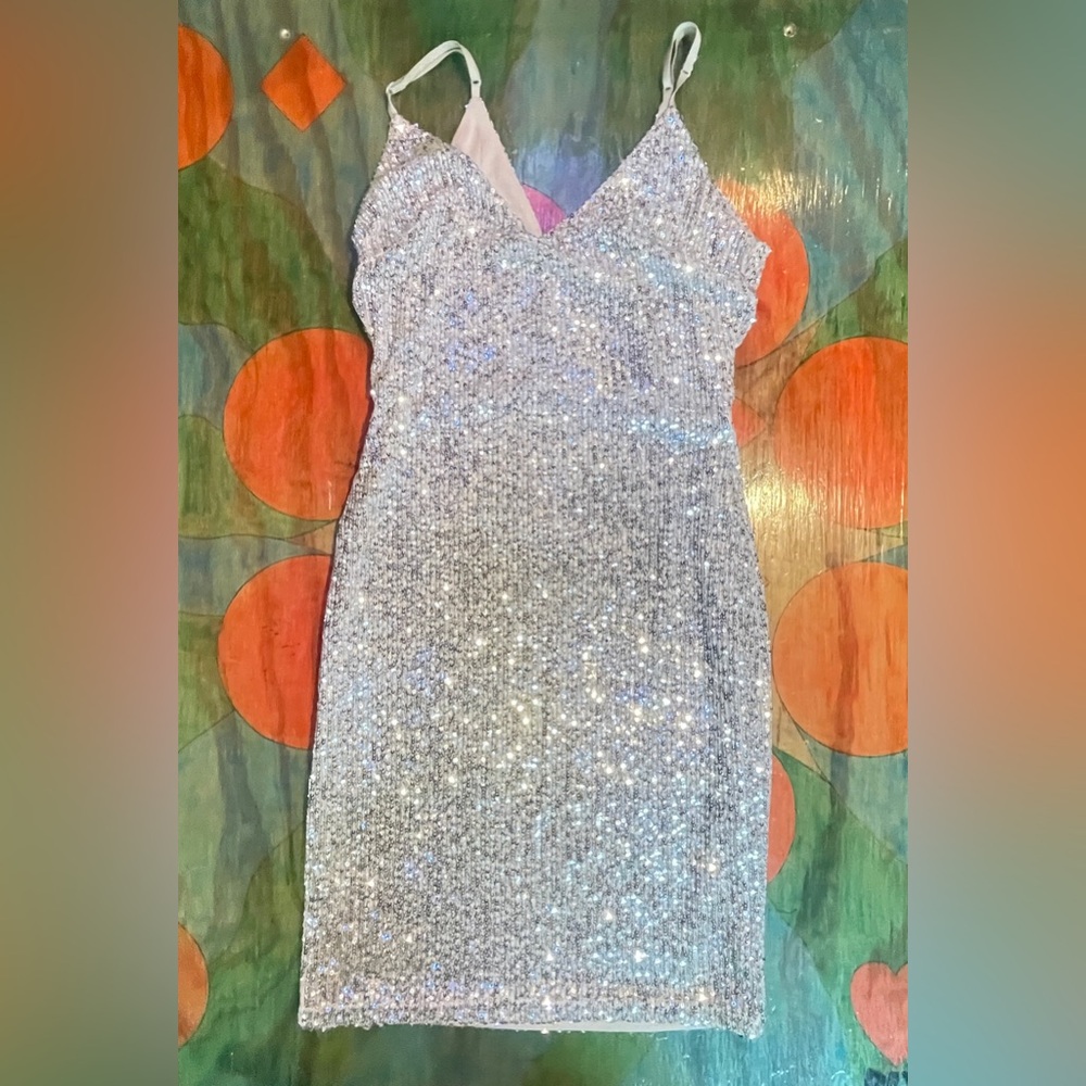 Lovely Day Small Womens Sequin Silver Mini Dress Sleeveless Spaghetti Straps